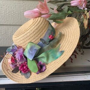 Artisan Upcycled  Tan  wide brim Straw round sun hat, HPx2